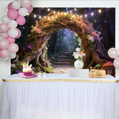 Lofaris Enchanted Forest Photography Backdrop with Tree Arch, Fairy Lights, and Colorful Flowers, Magical Studio Background for Photoshoot