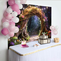 Lofaris Enchanted Forest Photography Backdrop with Tree Arch, Fairy Lights, and Colorful Flowers, Magical Studio Background for Photoshoot