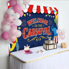 Lofaris Vibrant Red and Blue Carnival Birthday Backdrop with Clown and Elephant, Festive Welcome to the Carnival Party Background