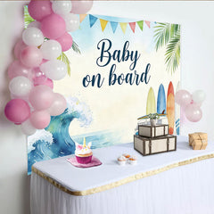 Lofaris Watercolor Surf Beach Baby Shower Backdrop with Palm Trees and Van, Tropical Ocean Wave Photography Background for Baby Welcome