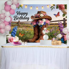 Lofaris Country Floral Birthday Backdrop with Cowboy Boots and Hat, Rustic Western Party Decor for Photoshoot