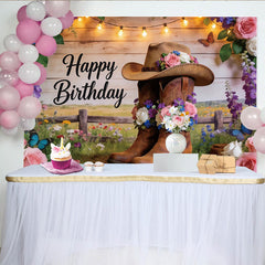 Lofaris Rustic Western Floral Birthday Backdrop with Cowboy Boots and Hat, String Lights and Wildflowers Photography Background for Party Decor