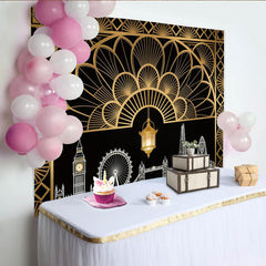 Lofaris Art Deco London Skyline Photography Backdrop with Golden Lantern, Elegant Black and Gold Background for Party or Studio Photoshoot