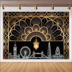 Lofaris Art Deco London Skyline Photography Backdrop with Golden Lantern, Elegant Black and Gold Background for Party or Studio Photoshoot