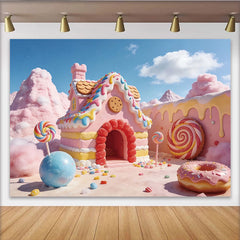 Lofaris Pink Candy Land Photography Backdrop with Gingerbread House and Lollipops, Sweet Fantasy Dessert Background for Kids Photoshoot
