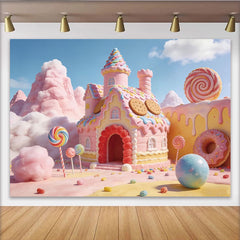 Lofaris Sweet Candy Land Photography Backdrop featuring a Pink Gingerbread House and Lollipops, Whimsical Studio Background for Kids