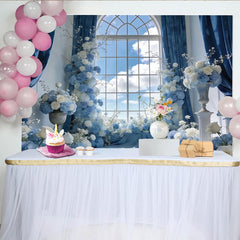 Lofaris Elegant Blue and White Floral Window Photography Backdrop, Beautiful Sky View Background for Studio Photoshoots and Events