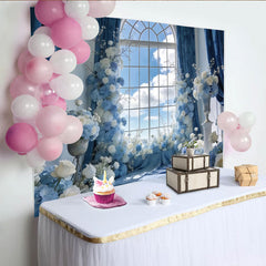 Lofaris Elegant Blue and White Floral Window Photography Backdrop, Beautiful Sky View Background for Studio Photoshoots and Events