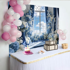 Lofaris Elegant Blue Floral Window Photography Backdrop with White Roses and Hydrangeas, Luxurious Studio Background for Wedding or Event Decor
