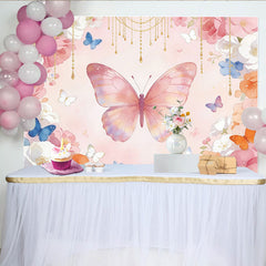 Lofaris Pink Watercolor Floral Butterfly Photography Backdrop, Gold Chain Flowers Background for Girls Party
