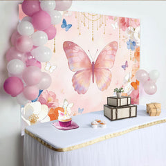 Lofaris Pink Watercolor Floral Butterfly Photography Backdrop, Gold Chain Flowers Background for Girls Party