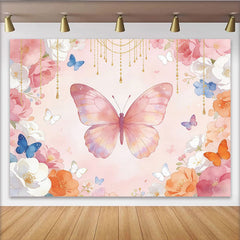 Lofaris Pink Watercolor Floral Butterfly Photography Backdrop, Gold Chain Flowers Background for Girls Party