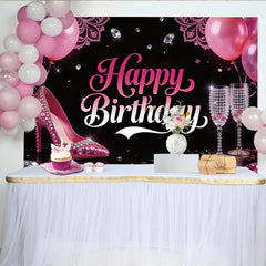 Lofaris Glamorous Pink Birthday Backdrop with High Heels and Diamonds, Elegant Party Background for Women Celebration