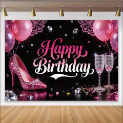 Lofaris Glamorous Pink Birthday Backdrop with High Heels and Diamonds, Elegant Party Background for Women Celebration