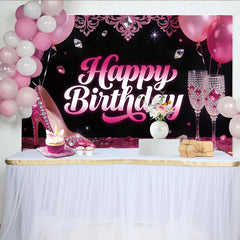 Lofaris Pink Glam Birthday Backdrop with High Heels and Champagne Glasses, Sparkling Party Background for Women's Celebration Photoshoot