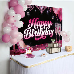 Lofaris Pink Glam Birthday Backdrop with High Heels and Champagne Glasses, Sparkling Party Background for Women's Celebration Photoshoot