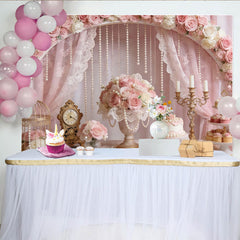 Lofaris Elegant Pink Rose and Pearl Wedding Backdrop with Lace Curtains, Beautiful Floral Photography Background for Bridal Shower Party Decor