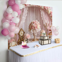 Lofaris Elegant Pink Rose and Pearl Wedding Backdrop with Lace Curtains, Beautiful Floral Photography Background for Bridal Shower Party Decor