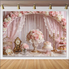 Lofaris Elegant Pink Rose and Pearl Wedding Backdrop with Lace Curtains, Beautiful Floral Photography Background for Bridal Shower Party Decor