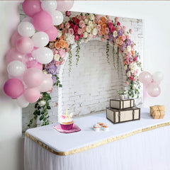 Lofaris Elegant Floral Arch Photography Backdrop with Pink and White Flowers, White Brick Wall Background for Photoshoot