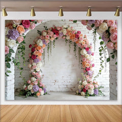 Lofaris Romantic Floral Arch Photography Backdrop for Wedding, White Brick Wall Background for Bridal Shower