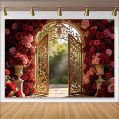 Lofaris Red and Pink Rose Photography Backdrop with Golden Gate, Luxurious Studio Background for Romantic Portrait