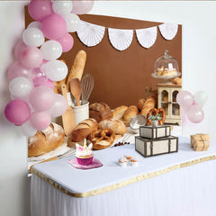 Lofaris Rustic Bakery Photography Backdrop with Fresh Bread, Wheat, and Utensils, Brown Background for Studio Food Photoshoot