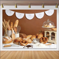 Lofaris Rustic Bakery Photography Backdrop with Fresh Bread, Wheat, and Utensils, Brown Background for Studio Food Photoshoot