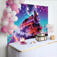Lofaris Vibrant Neon Train Retro Music Photography Backdrop, Disco Ball Party Background for Studio Photoshoot