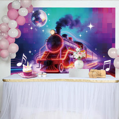 Lofaris Vibrant Neon Train Photography Backdrop with Disco Ball and Music Notes, Dynamic Party Background for Creative Photoshoots and Events