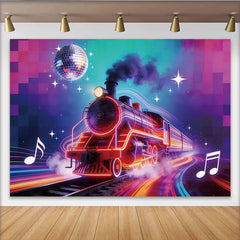 Lofaris Vibrant Neon Train Photography Backdrop with Disco Ball and Music Notes, Dynamic Party Background for Creative Photoshoots and Events