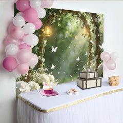 Lofaris Elegant Wooden Arch Wedding Backdrop with White Flowers and Lanterns, Romantic Garden Photography Background for Ceremony