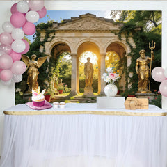 Lofaris Ancient Garden Archway Photography Backdrop with Golden Statues, Elegant Stone Archway Background for Artistic Portrait Photoshoot