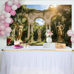 Lofaris Golden Angel and Neptune Statues Garden Photography Backdrop with Stone Arches, Lush Greenery Background for Artistic Photoshoot