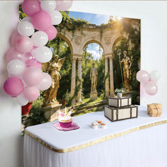 Lofaris Golden Angel and Neptune Statues Garden Photography Backdrop with Stone Arches, Lush Greenery Background for Artistic Photoshoot