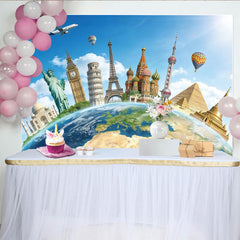 Lofaris Global Landmarks Travel Photography Backdrop for Studio Photoshoot, Blue Sky World Map Background for Adventure Theme Party Decor