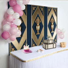 Lofaris Luxurious Blue and Gold Ornate Panel Photography Backdrop, Elegant Wall Decor Background for Studio Portrait