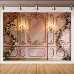 Lofaris Elegant Pink Gold Floral Photography Backdrop with Ornate Molding, Luxurious Studio Background for Portrait and Event Photoshoot