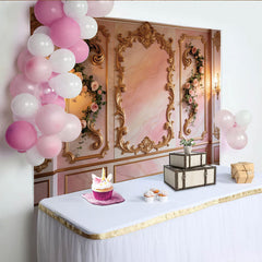 Lofaris Elegant Pink Floral Photography Backdrop with Gold Frames, Luxurious Studio Background for Romantic Portrait Photoshoot