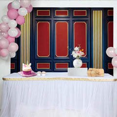Lofaris Classic Dark Blue and Red Paneled Wall Photography Backdrop, Elegant Gold Trim Studio Background for Professional Portrait