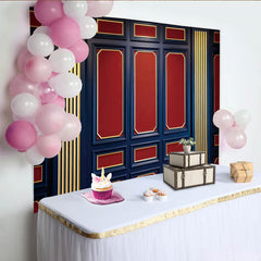 Lofaris Classic Dark Blue and Red Paneled Wall Photography Backdrop, Elegant Gold Trim Studio Background for Professional Portrait
