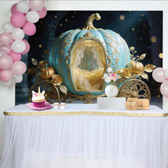 Lofaris Ornate Teal and Gold Cinderella Carriage Photography Backdrop, Magical Fairytale Background for Princess Party Decor