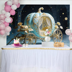Lofaris Blue Gold Cinderella Pumpkin Carriage Photography Backdrop, Elegant Fairytale Photo Booth Background for Princess Party