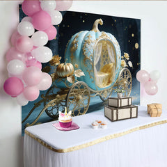 Lofaris Blue Gold Cinderella Pumpkin Carriage Photography Backdrop, Elegant Fairytale Photo Booth Background for Princess Party
