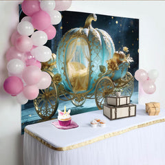 Lofaris Fairytale Blue and Gold Pumpkin Carriage Photography Backdrop, Elegant Royal Background for Studio Photoshoot