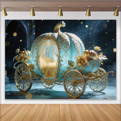 Lofaris Fairytale Blue and Gold Pumpkin Carriage Photography Backdrop, Elegant Royal Background for Studio Photoshoot