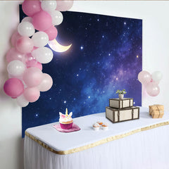 Lofaris Glowing Crescent Moon Starry Night Photography Backdrop, Deep Blue Galaxy Background for Studio Portrait