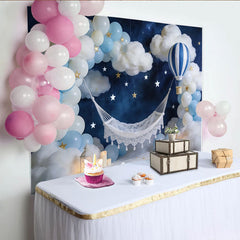 Lofaris Dreamy Newborn Photography Backdrop with Hot Air Balloon and Clouds, Blue Sky Star Studio Background for Baby Shower and Portrait