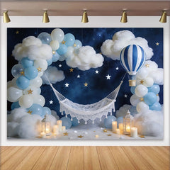 Lofaris Dreamy Newborn Photography Backdrop with Hot Air Balloon and Clouds, Blue Sky Star Studio Background for Baby Shower and Portrait