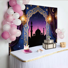 Lofaris Ornate Golden Arch Ramadan Holiday Backdrop with Purple Velvet Curtains and Lanterns, Starry Night Mosque Background for Eid Party